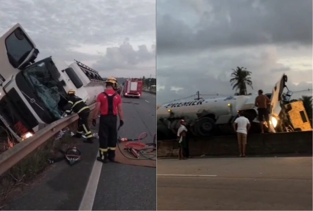 **Carreta-tanque tomba na BR-101 e motorista fica preso às ferragens no RN**