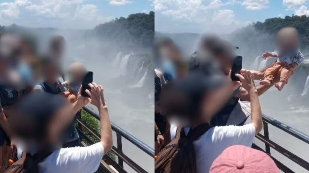 Homem coloca bebê em risco nas Cataratas do Iguaçu e gera revolta Homem coloca bebê em risco nas Cataratas do Iguaçu e gera revolta
